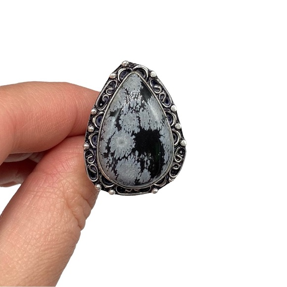 Snowflake Obsidian Ring Size 7.5 925 Sterling Silver Overlay Black Gray Stone - Picture 4 of 5